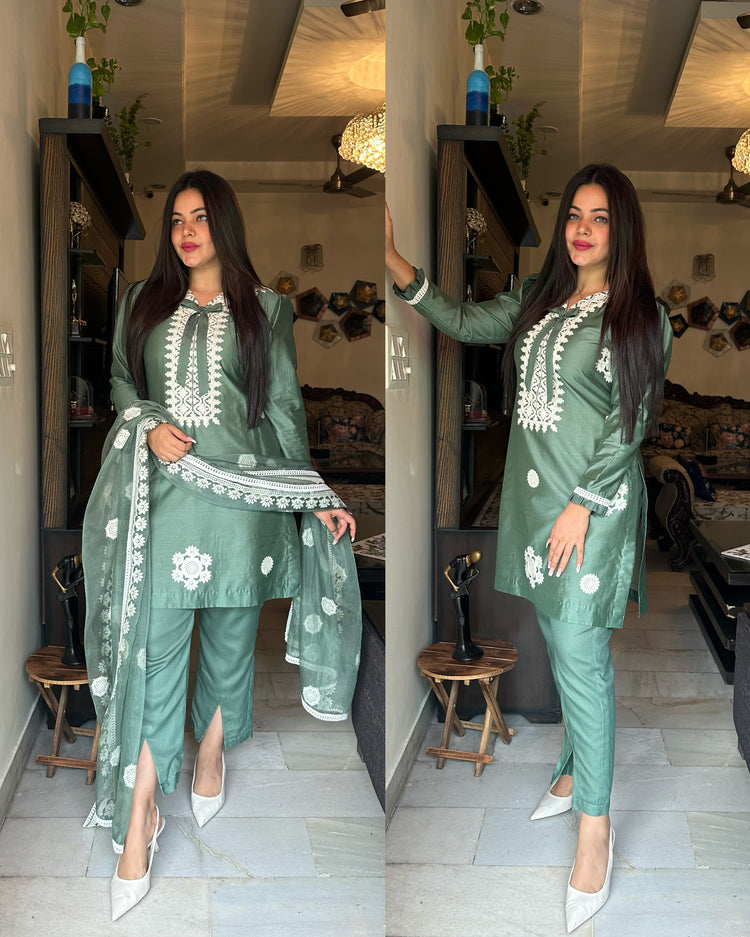 Green off white cotton suit