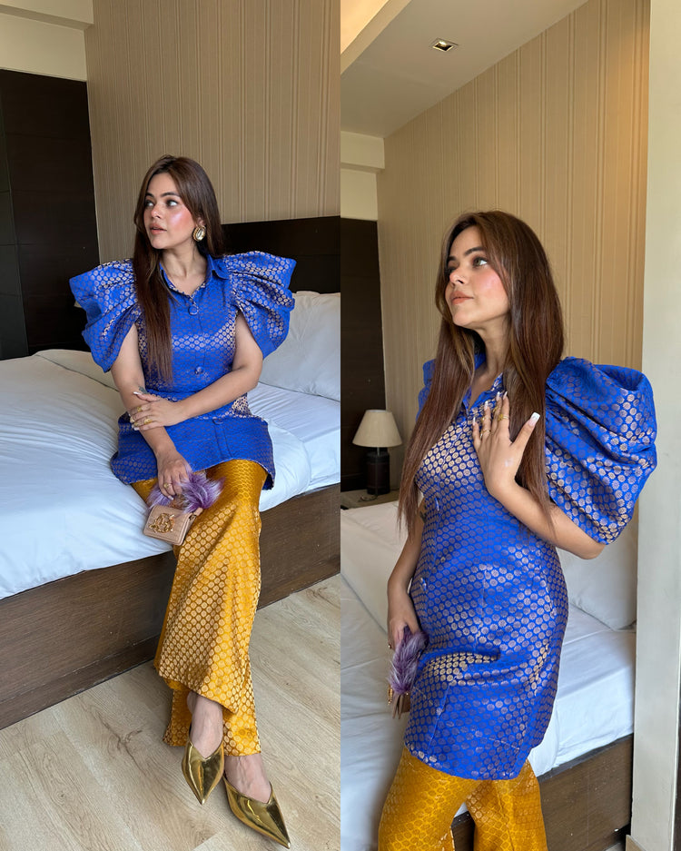 Blue mustard silk dramatic sleeve set