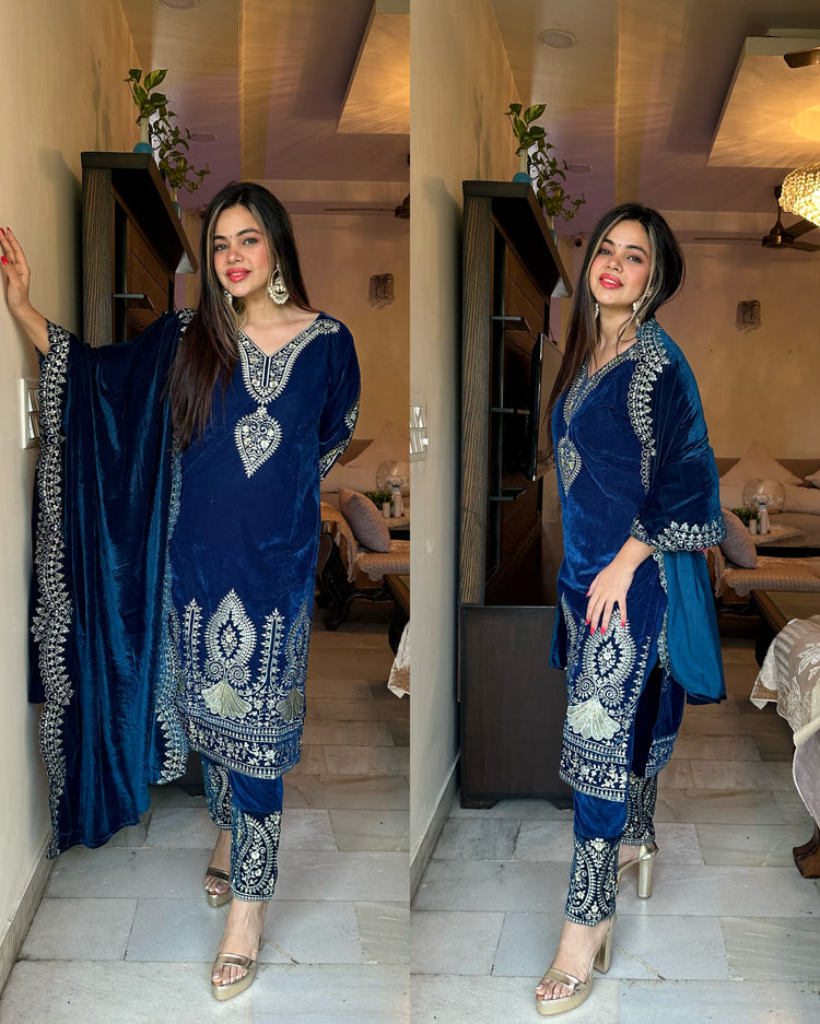 Blue velvet embroidered suit