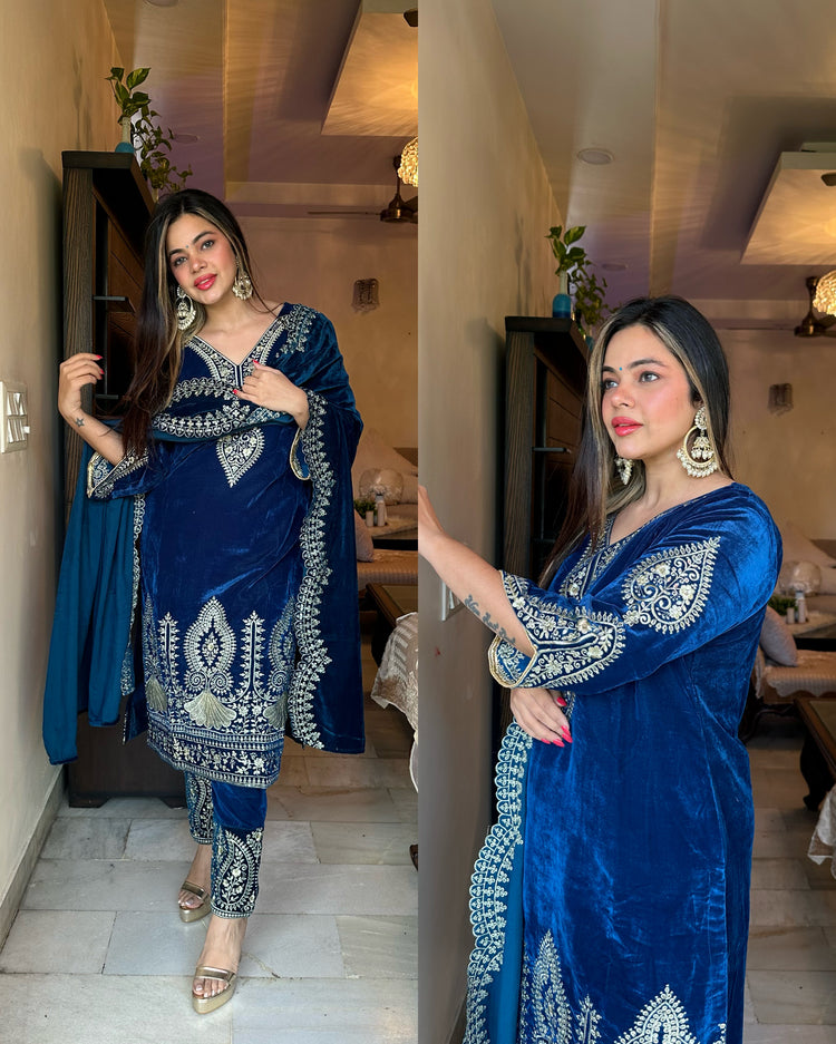 Blue velvet embroidered suit