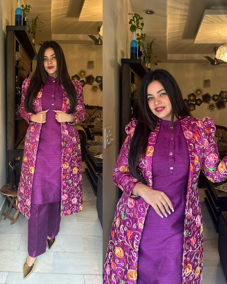 Purple embroidered jacket set