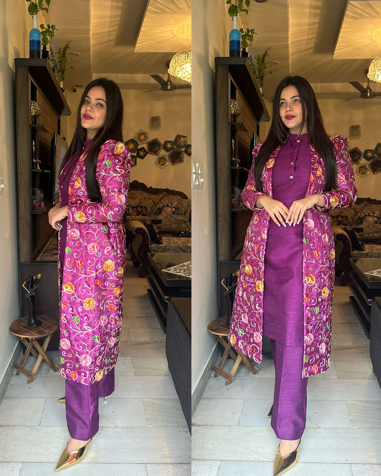 Purple embroidered jacket set