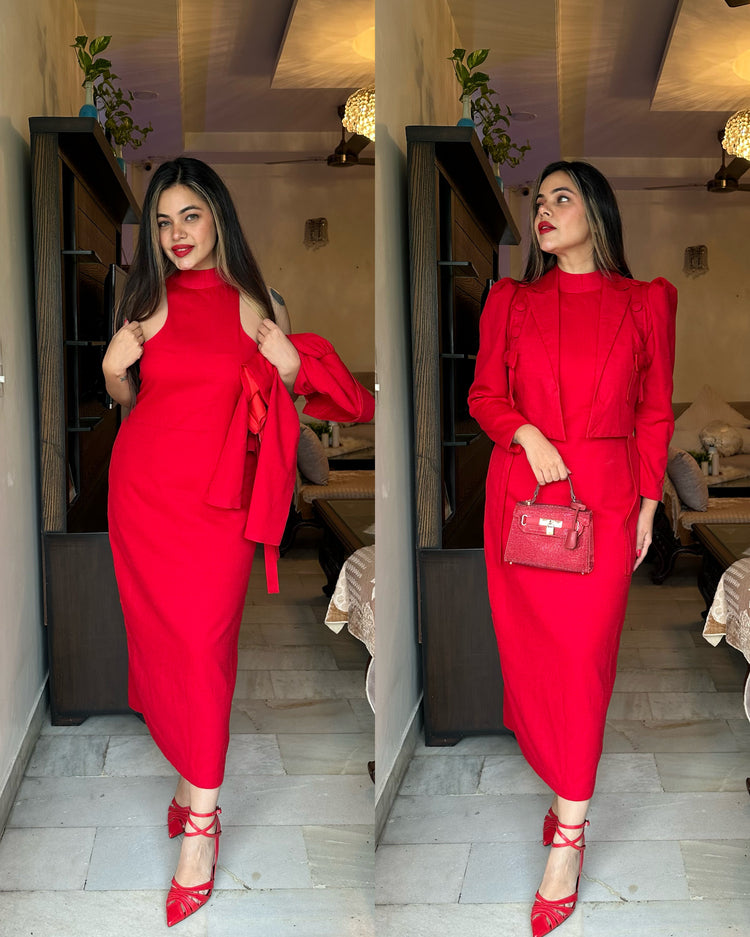Red woollen short jacket set