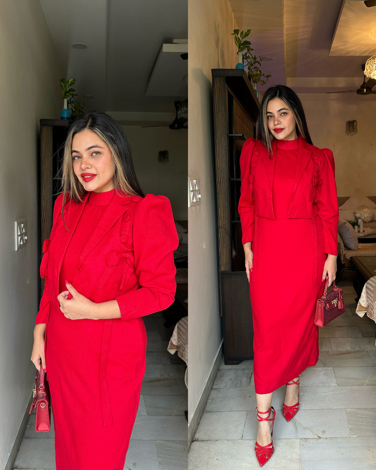 Red woollen short jacket set