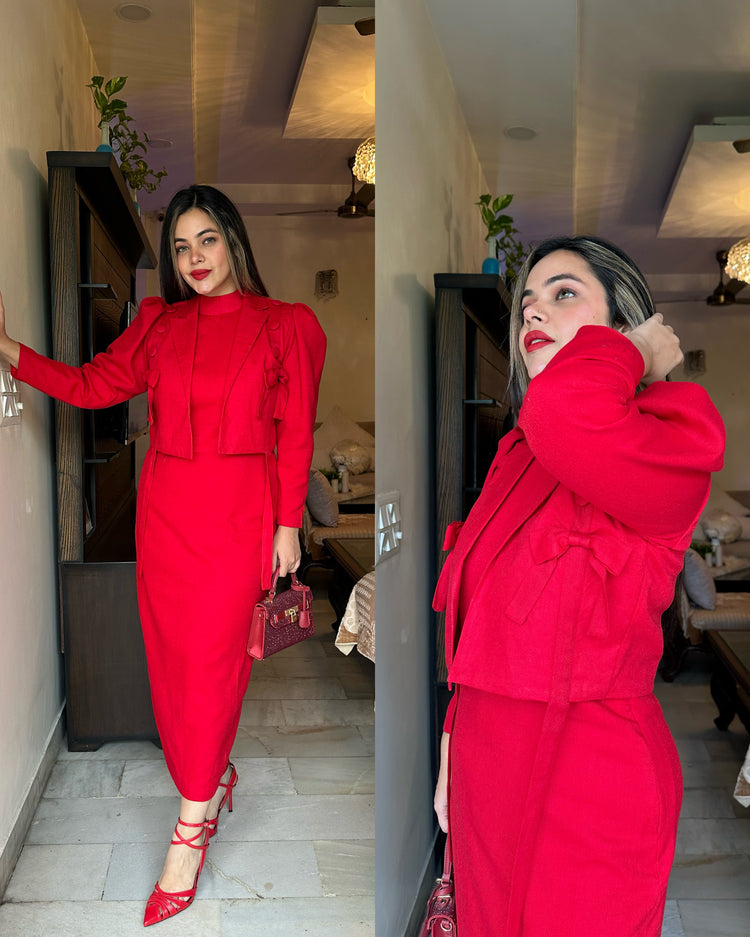 Red woollen short jacket set