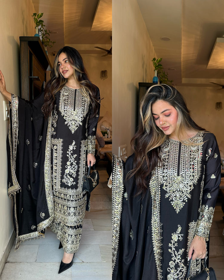 Black embroidered silk suit