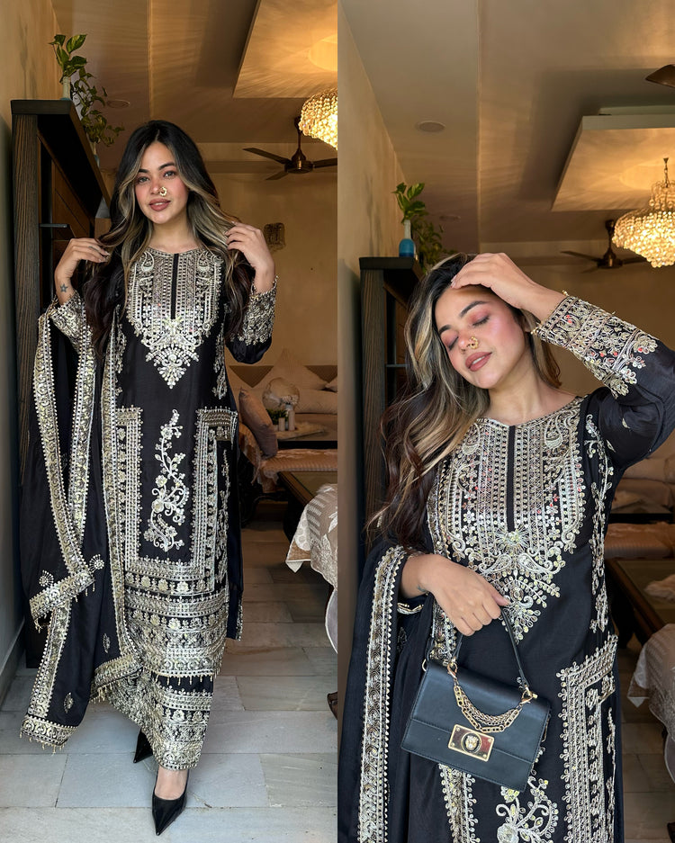 Black embroidered silk suit