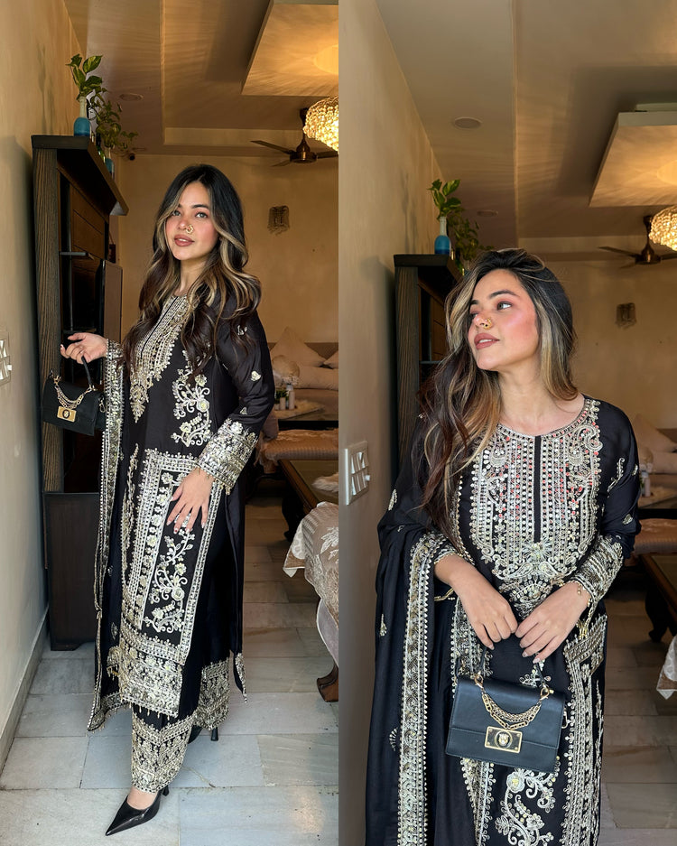 Black embroidered silk suit