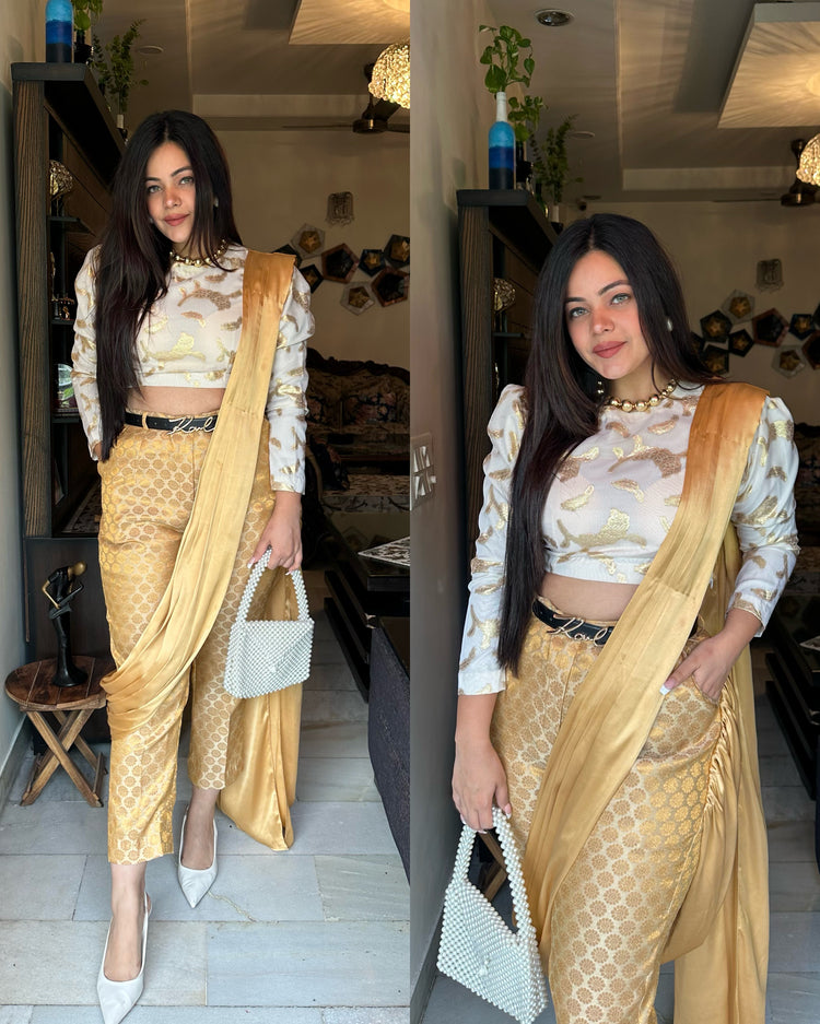 Golden white pants drape