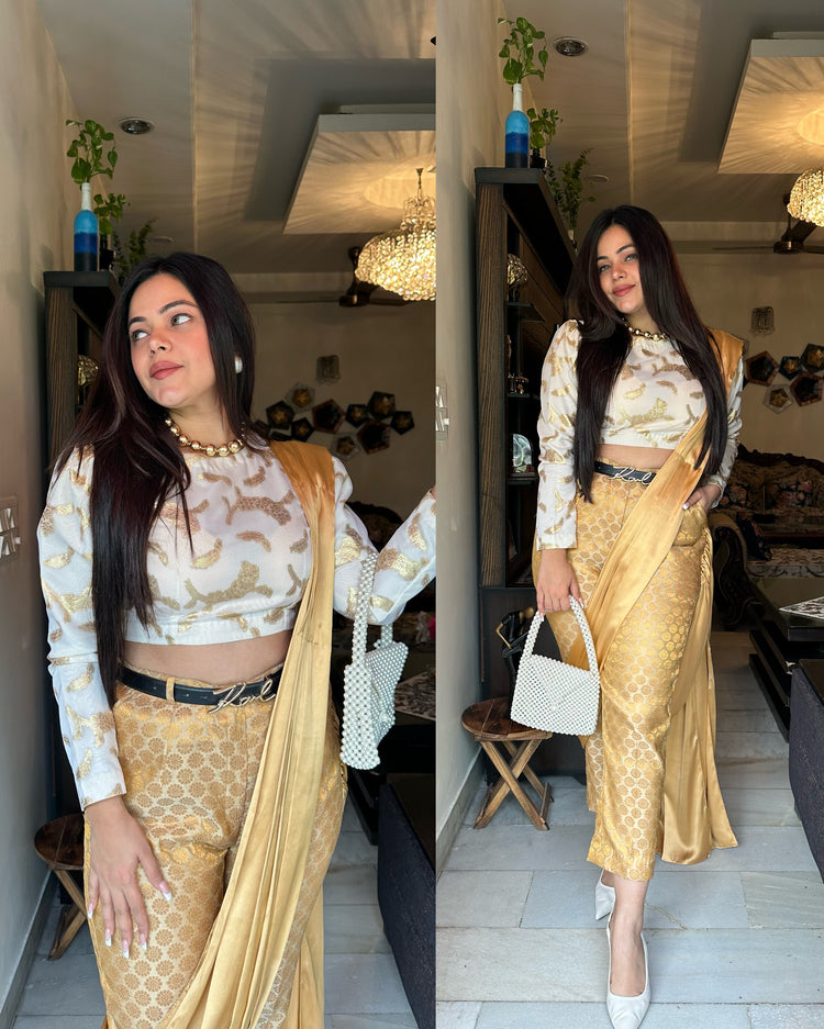 Golden white pants drape