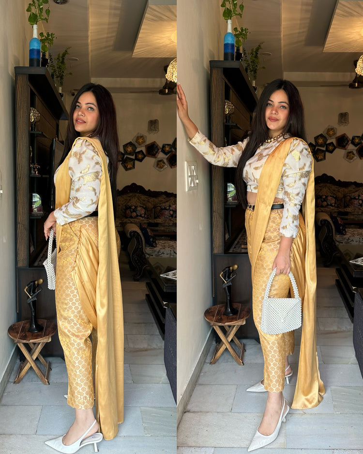 Golden white pants drape
