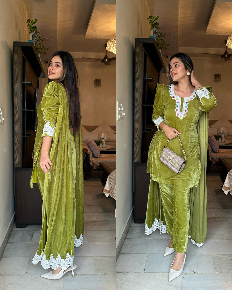Green velvet attached duppata suit