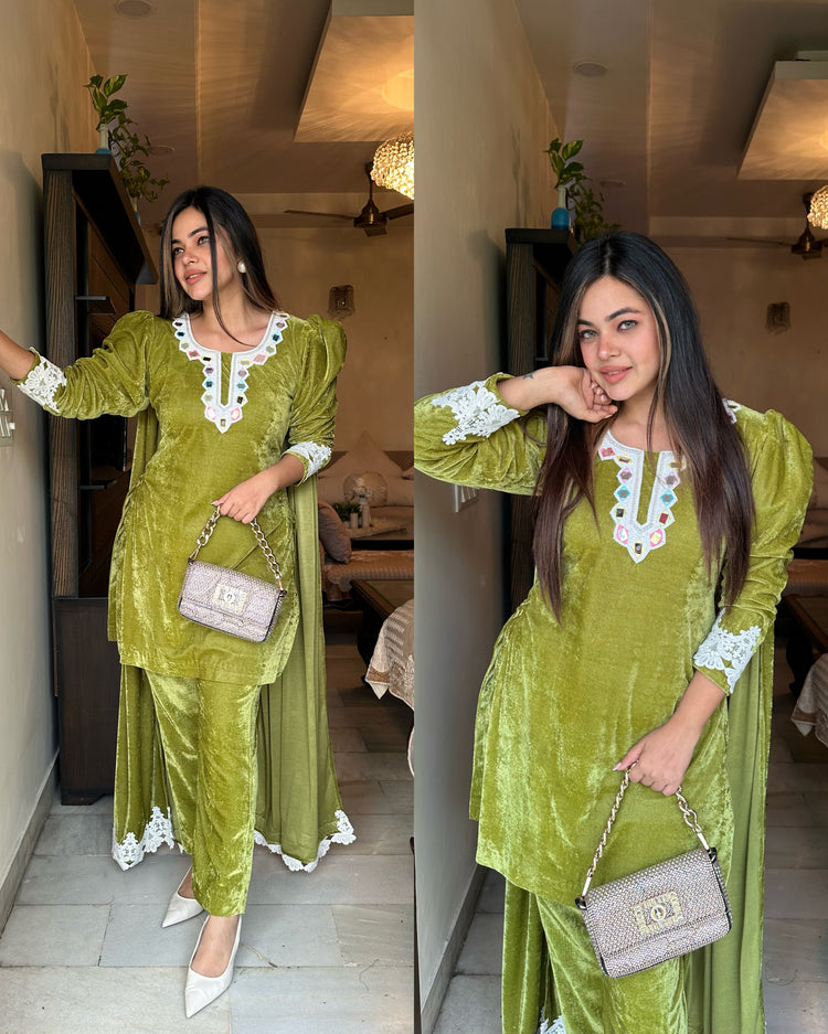 Green velvet attached duppata suit