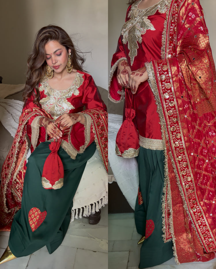 Red green silk embroidered heart suit