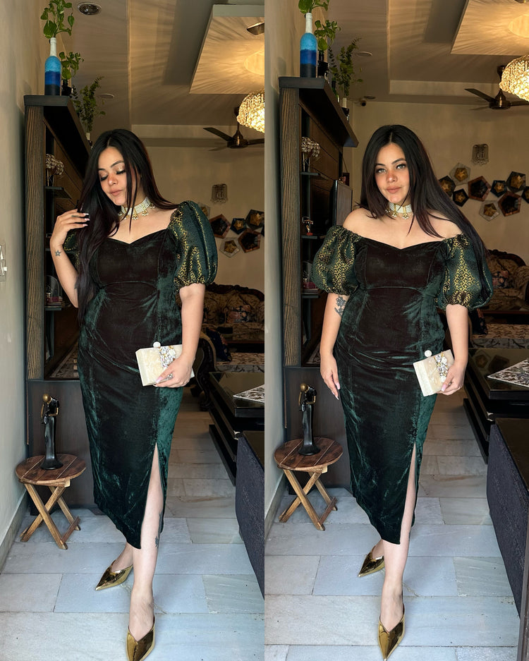 Bottle green velvet backless dress