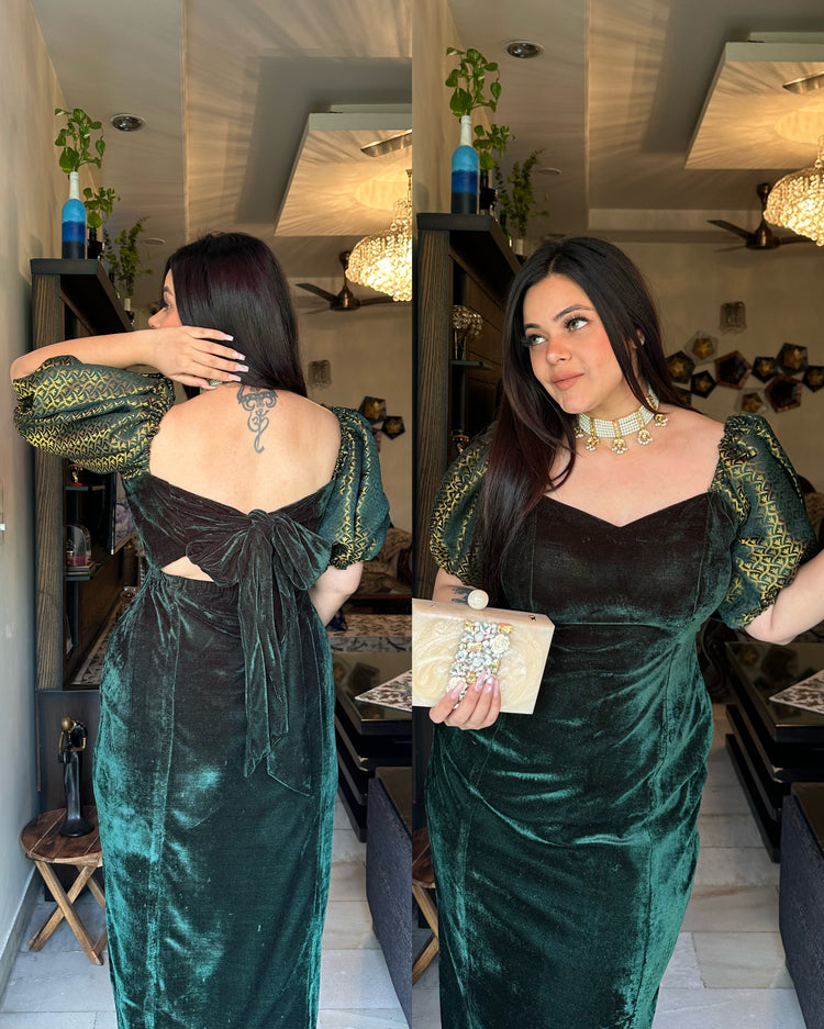 Bottle green velvet backless dress