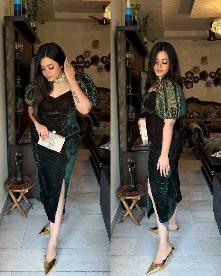 Bottle green velvet backless dress