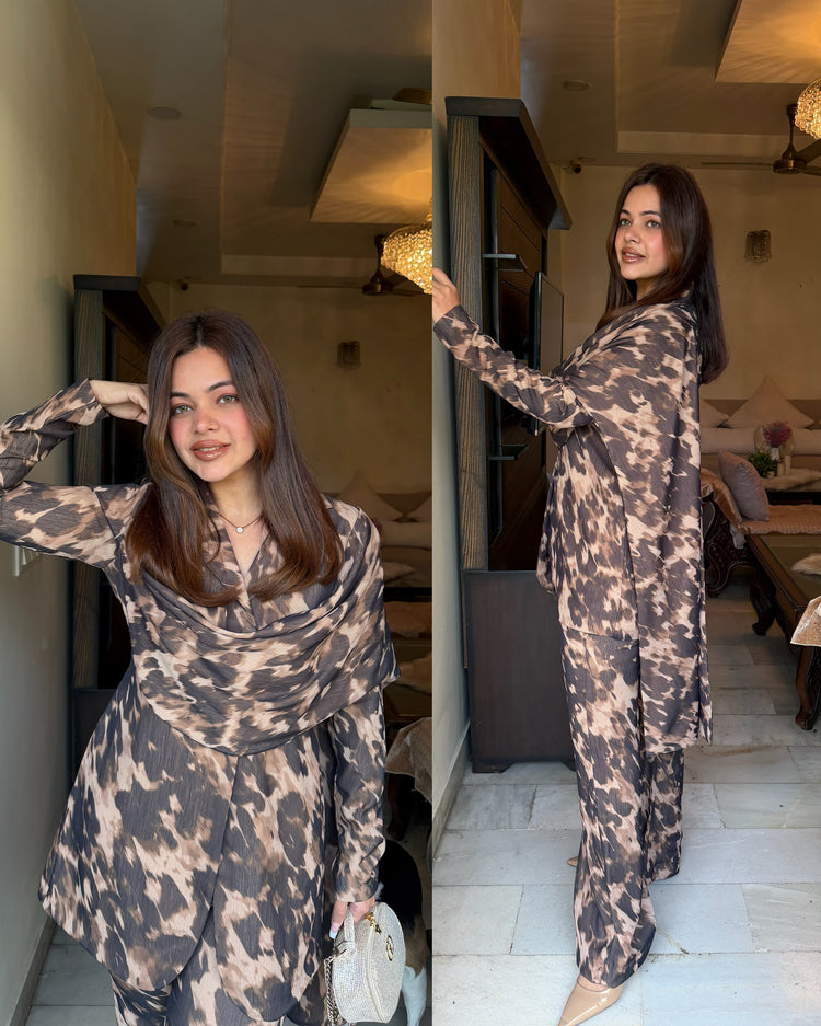 Nude black drape blazet printed set