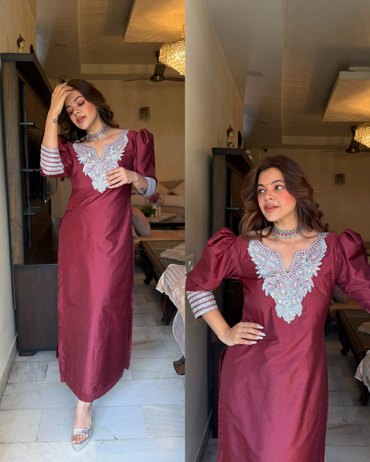 Maroon silk embroidery kurta pants set