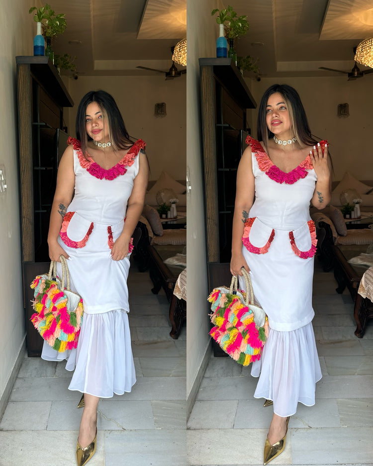 White colorful frill maxi