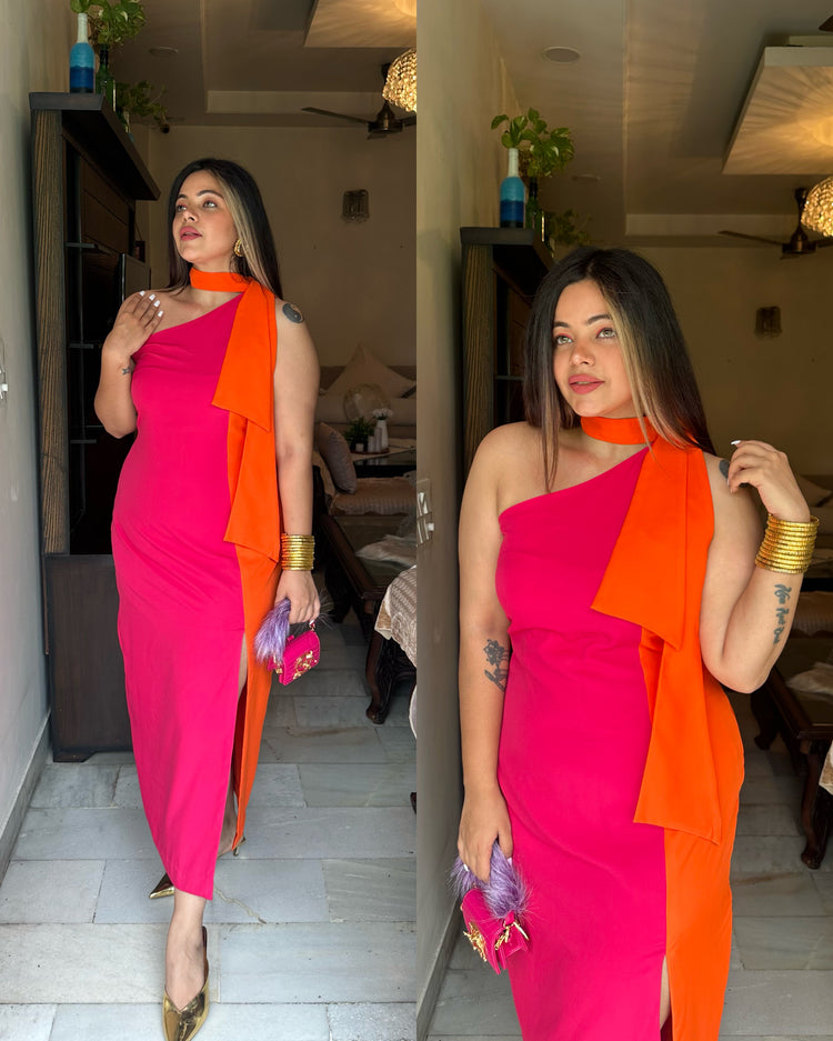 Orange pink slit knot dress