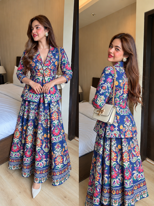 Blue printed skirt blazer skirt set