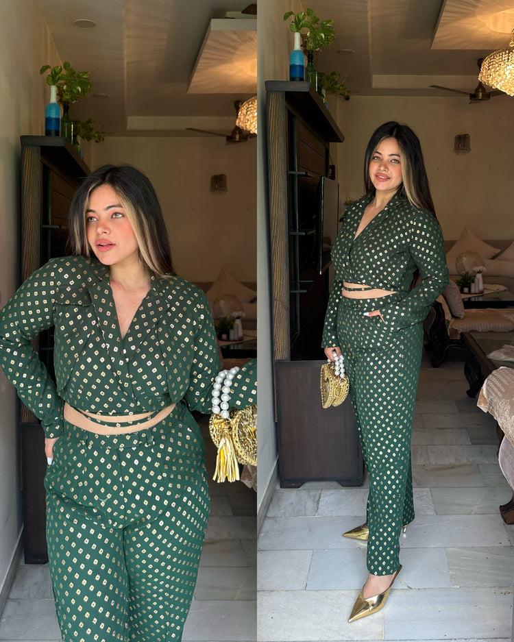 Gold foil green blazer set