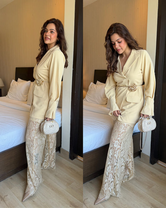 Vanilla cream selft net pants blazer set