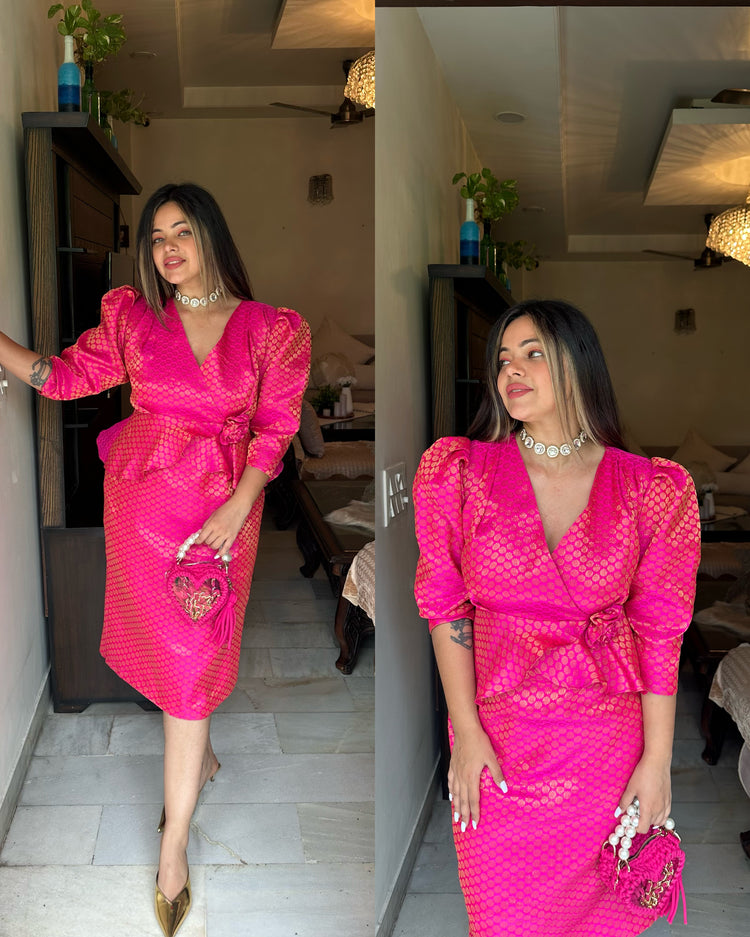 Pink brocade silk rose dress
