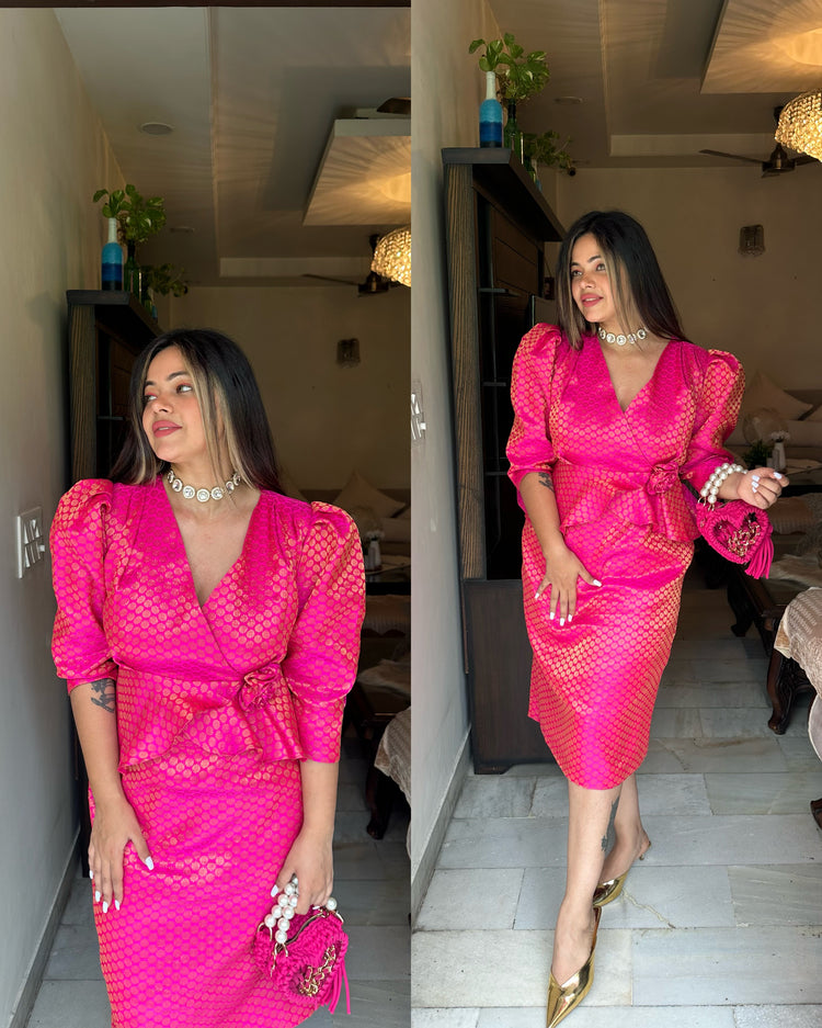 Pink brocade silk rose dress