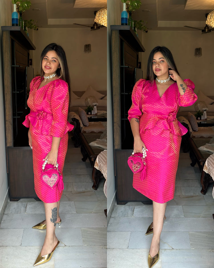 Pink brocade silk rose dress