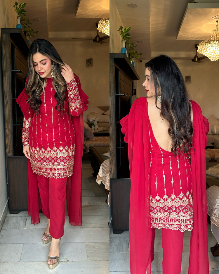 Maroon embroidered attach duppata suit