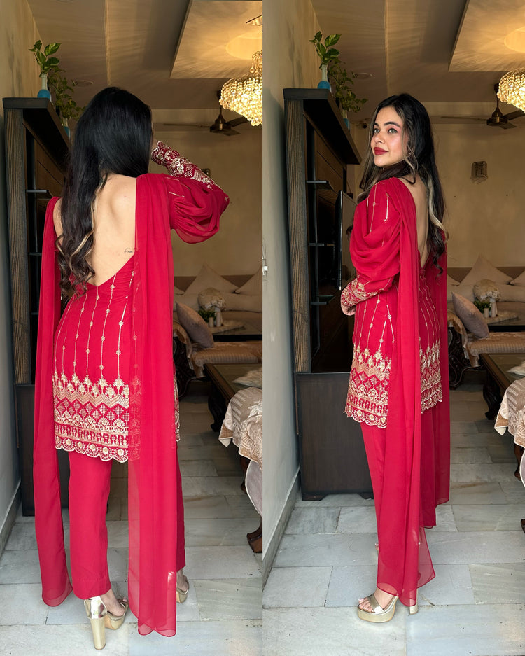 Maroon embroidered attach duppata suit
