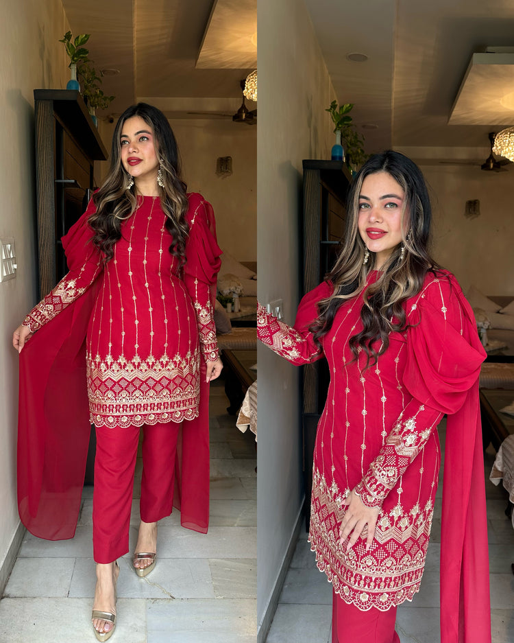 Maroon embroidered attach duppata suit