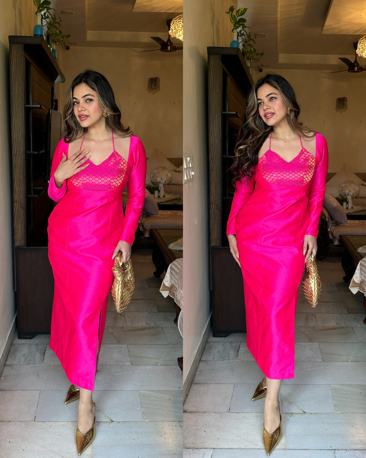 Hot pink silk yoke slit dress