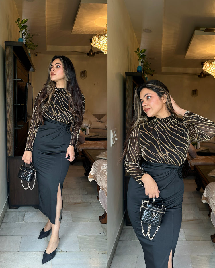Gold black glitter yoke drape dress