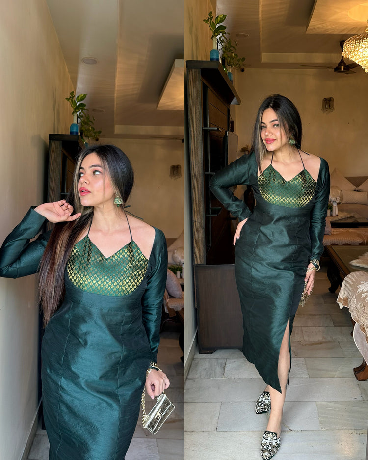 Bottle green silk dori yoke dress