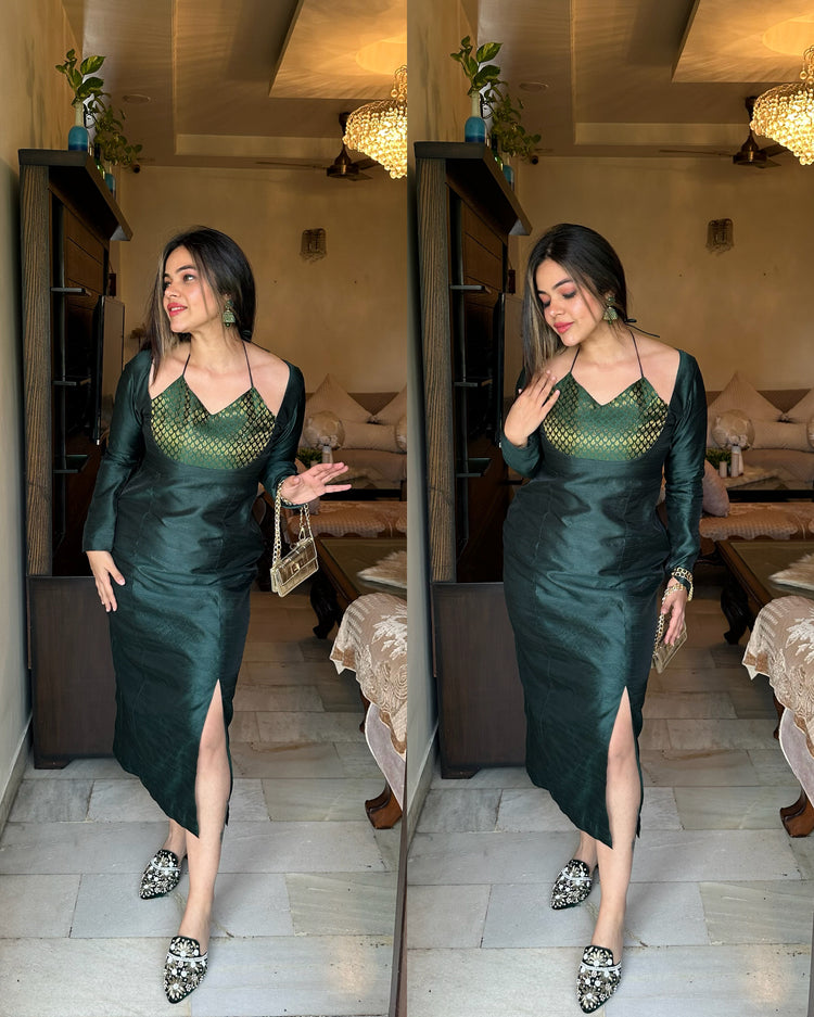 Bottle green silk dori yoke dress
