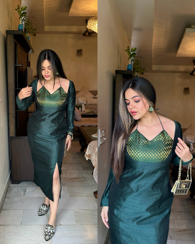 Bottle green silk dori yoke dress