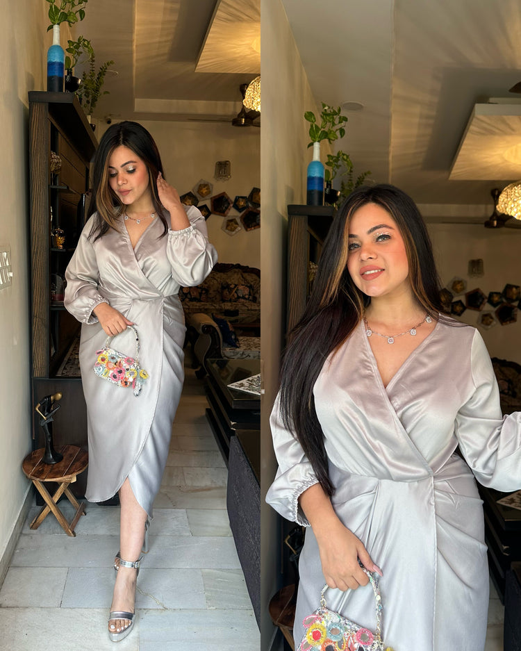 Silverish grey satin drape dress