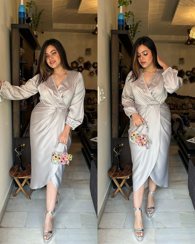 Silverish grey satin drape dress