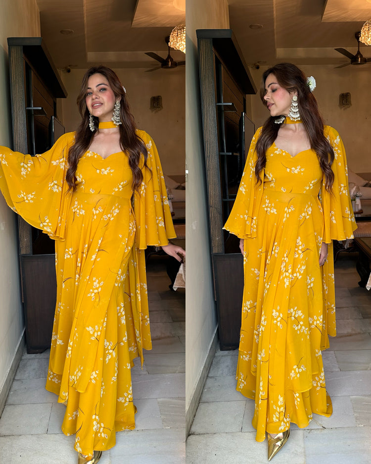 Mustard yellow haldi special flared suit