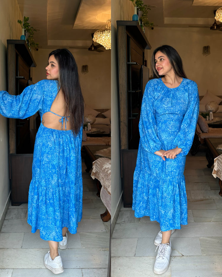 Blue backless printed dress