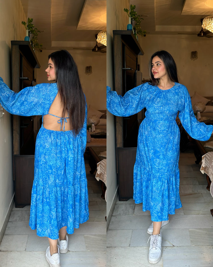 Blue backless printed dress