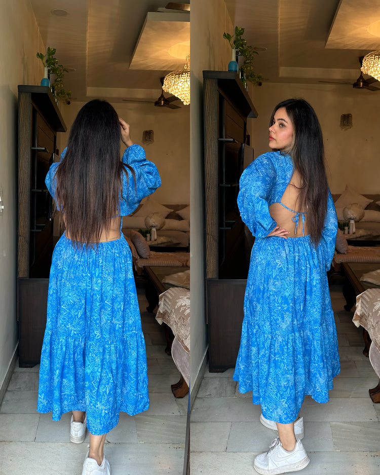 Blue backless printed dress