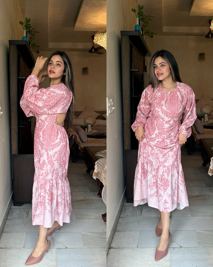 Peach white backless printed dress