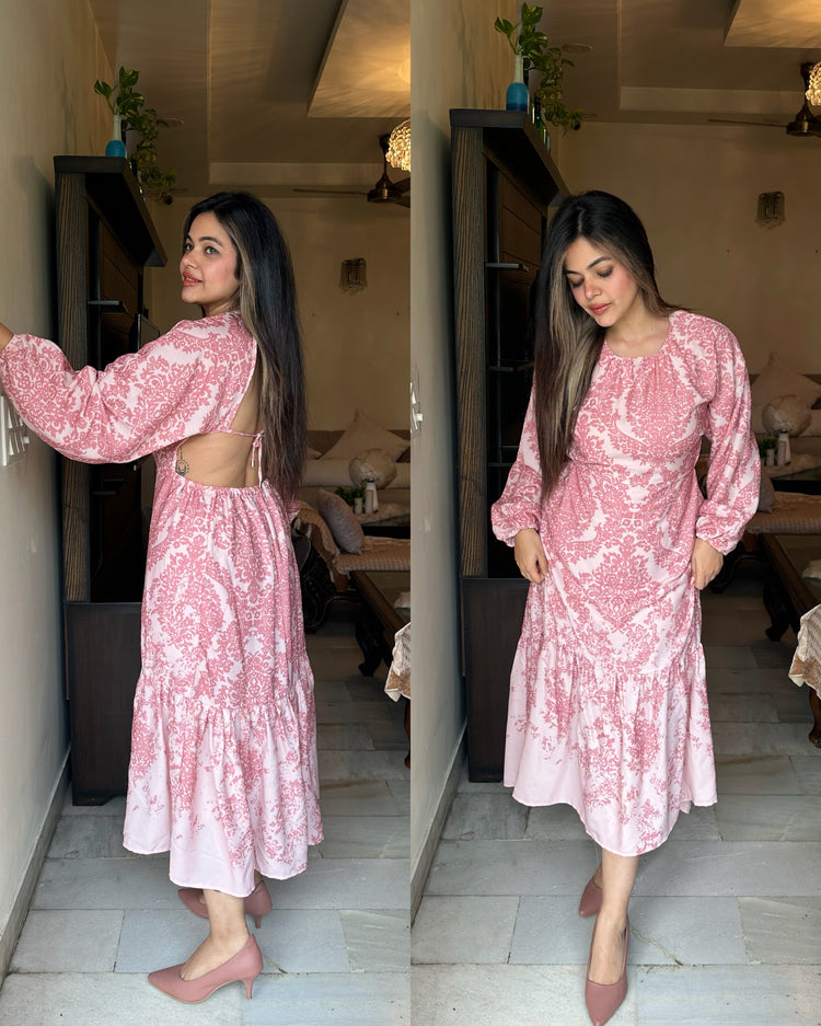Peach white backless printed dress
