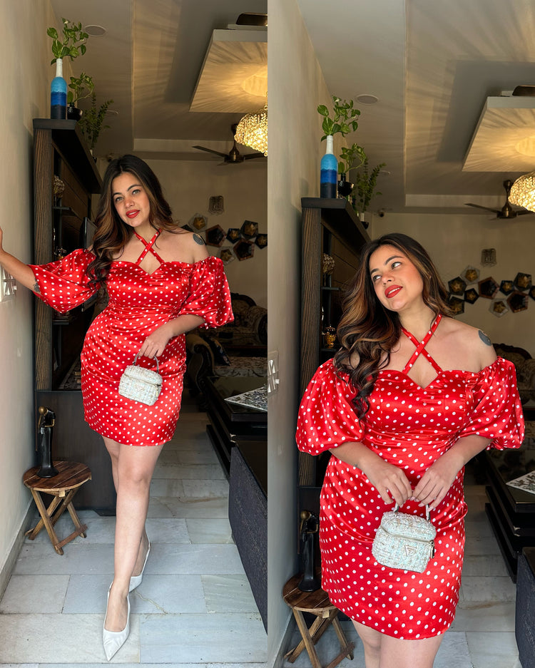 Red rust satin polka dress