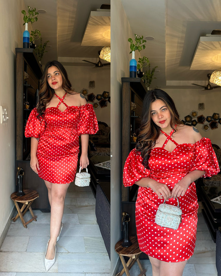 Red rust satin polka dress