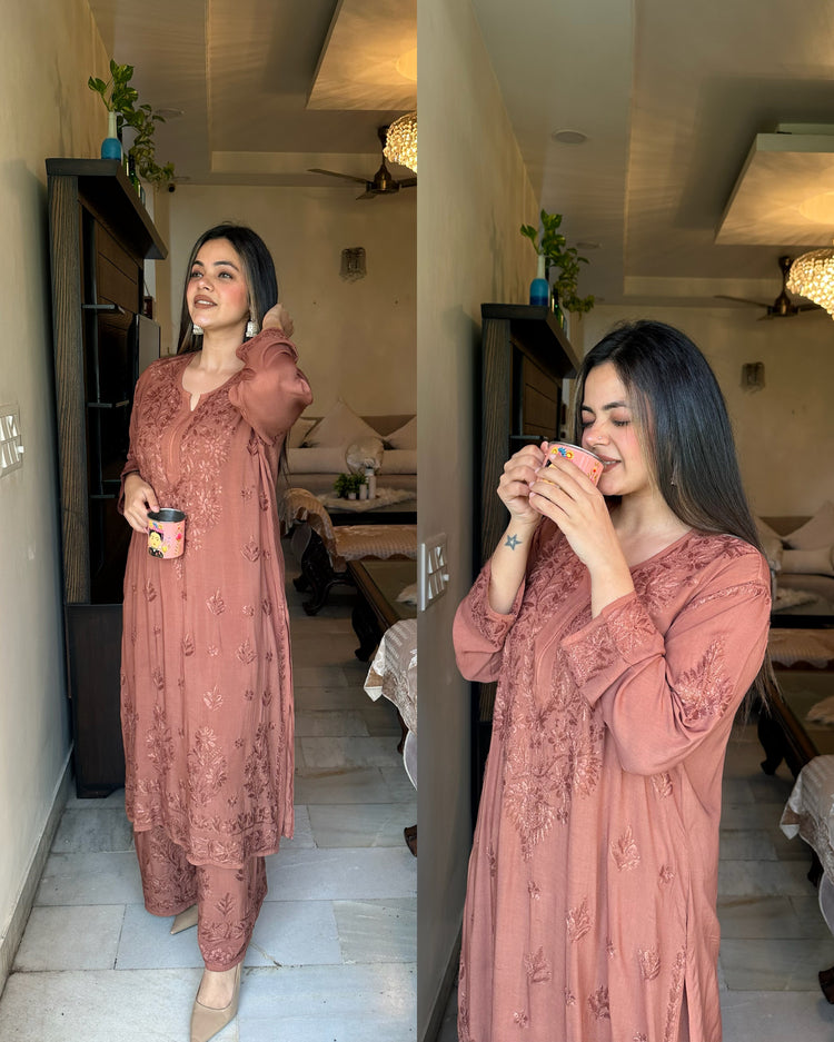 Brown self pure chikankari set